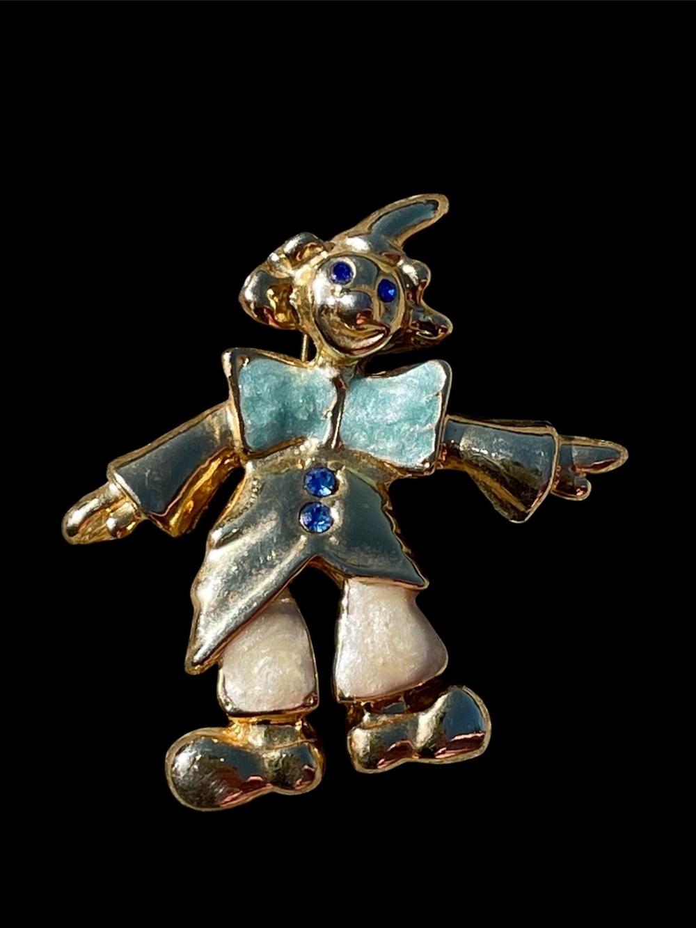 Gold-tone Clown Brooch with Blue and Mint Enamel Accents